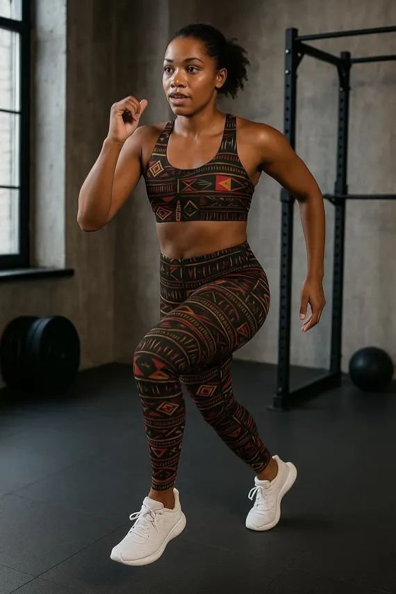 African woman in coordinated sports bra and leggings adjusting her fit inside a modern fitness studio
