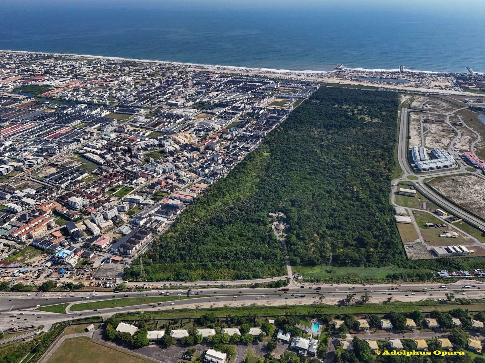 Aerial view of Lekki Conservation Centre forest reserve in Lagos between Atlantic Ocean and urban Lekki district